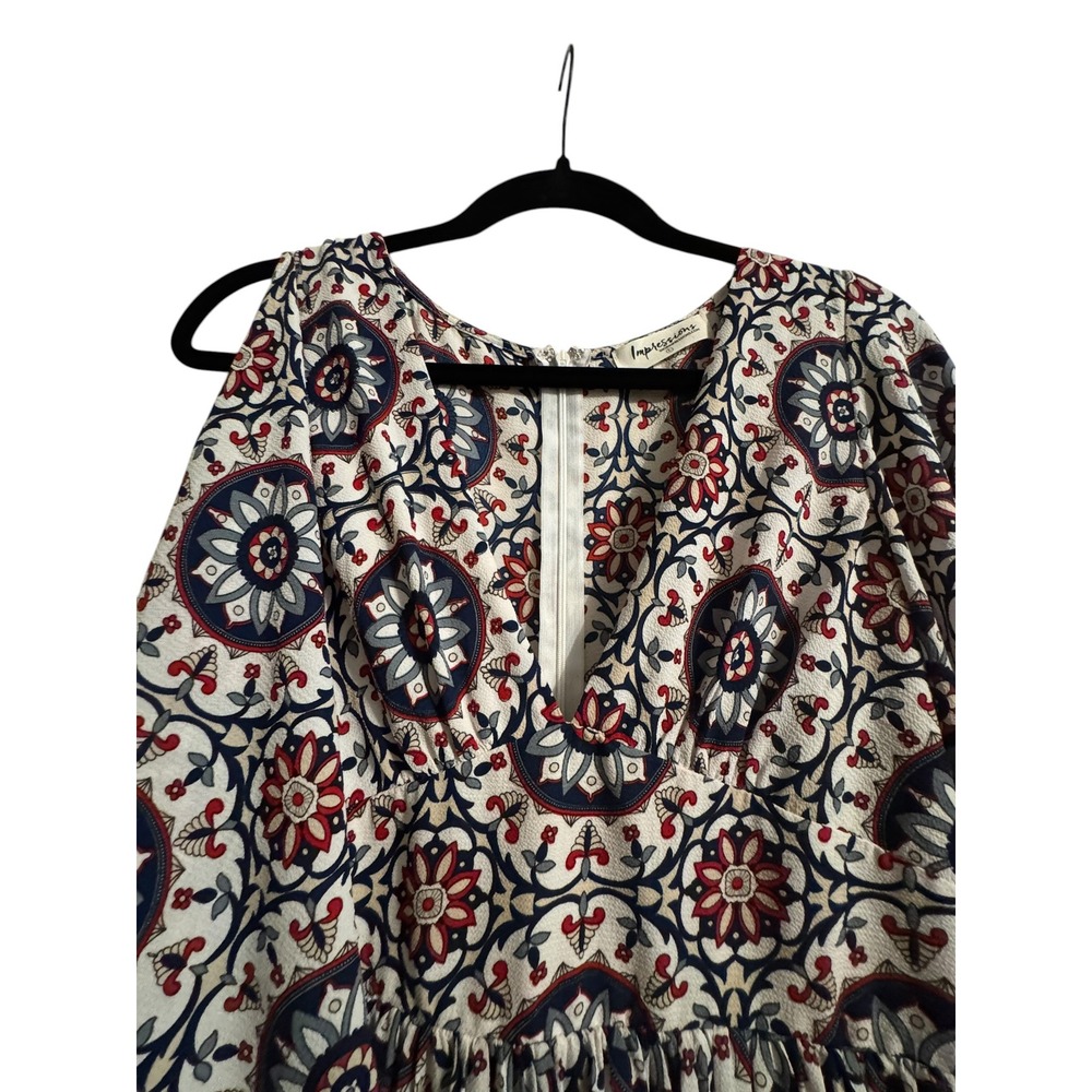 Impressions Medallion Print Maxi Dress Blue Red Ruffle Bell Sleeve Large Boho - Picture 9 of 12